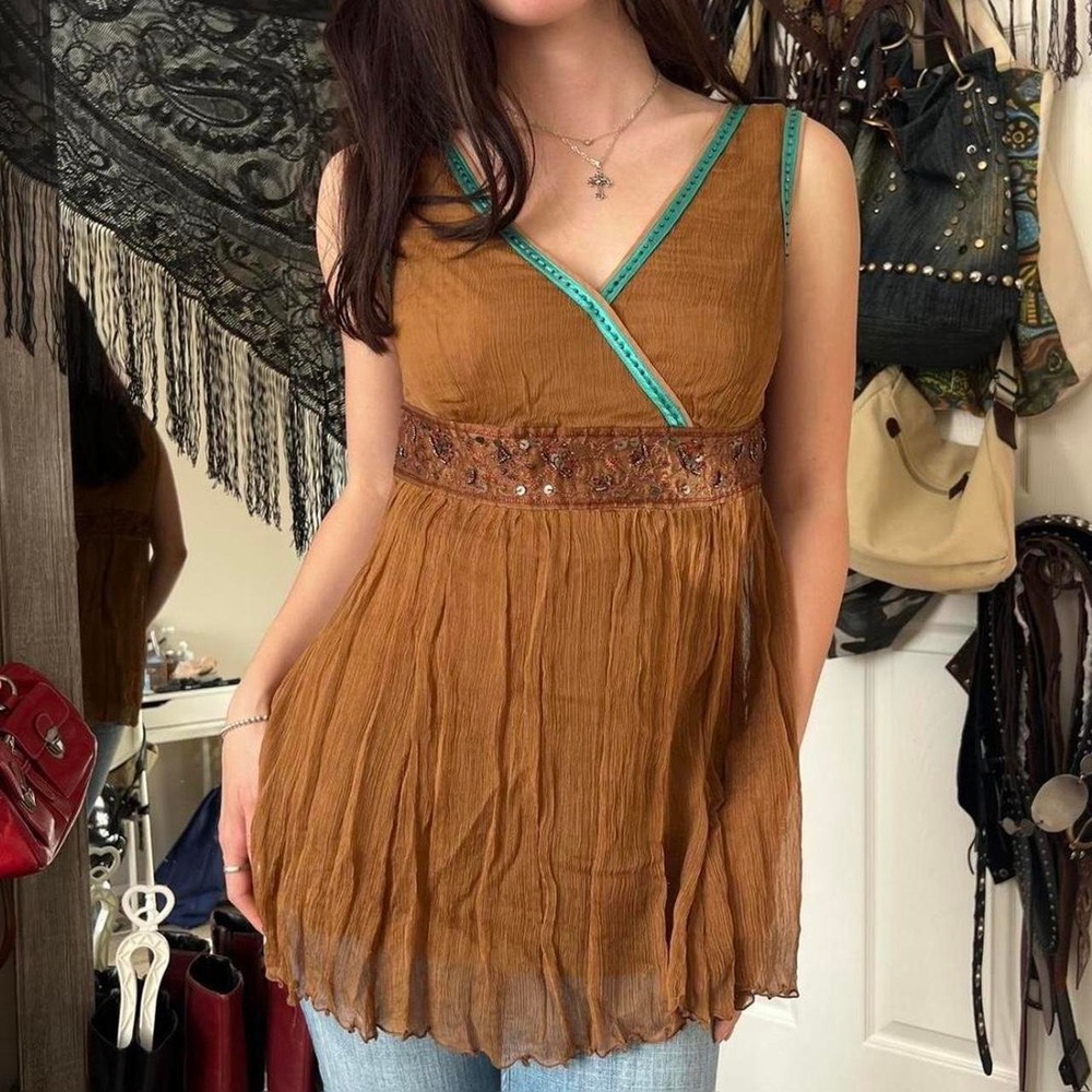 Silk Brown Teal Beaded Flowy Tank Top Boho Y2K Fairy Cami V-Neck